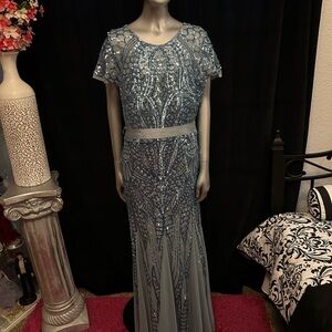 R&M Richards Light Blue Beaded Maxi Dress
